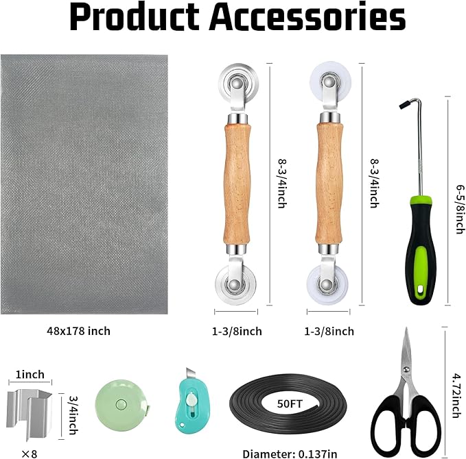 Window Screen Replacement,Screen Door Repair Kit, 48"x178" Grey Window Screen Mesh,Including 50 FT Splines+Hooks+2 Rollers+8 Clips+Scissors+Knife+Tape Measure,Fully Equipped Window Screen Repair Kit