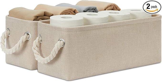 Temary Small Fabric Storage Baskets for Storage Home, Narrow Rectangle Basket with Rope Handles, Decorative Basket for Organizing Toilet Tank Top, Towels, Toilet Paper (Beige, 15Lx6Wx5.5H Inches)