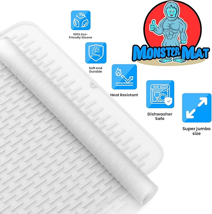Extra Large (30 inch by 24 inch) heavy duty silicone dish drying mat for kitchen counters by MonsterMat (Translucent, XL - 30"x24")