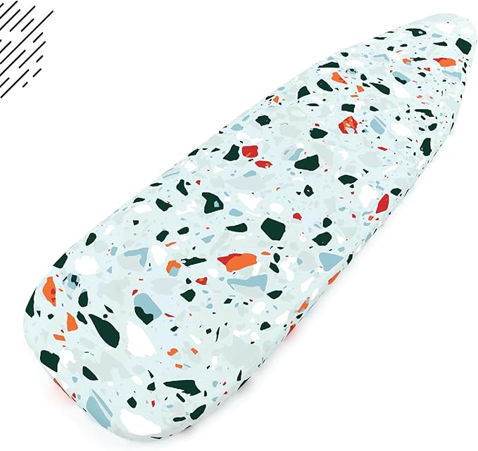 Encasa XO Ironing Board Cover and Pad - Thick 4mm Felt, Heat & Scorch-Resistant, Fits Medium Boards 42"x14", Elastic Bungee Cord Tightening, Easy Fit, Stain-Safe Dye, Terrazzo Mint