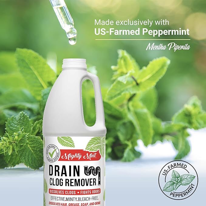 Mighty Mint Drain Clog Remover, Safe for Pipes and Septic, Dissolves Hair & Grease, Clears Blocked Drains and Deodorizes, Natural Mint Scent, 32oz