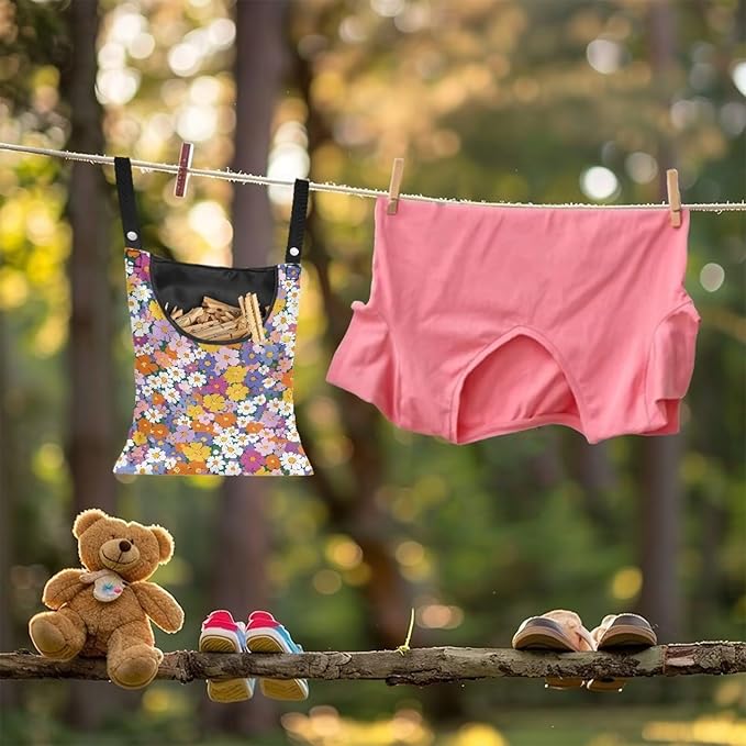 2 Pcs Pin Bag, Hippie Flower Print Hanging Bag with Large Opening Washable Clothes Pin Hanging Bag Easy to Use Storage Clothes Pins & Wooden Clothespins for Outdoor