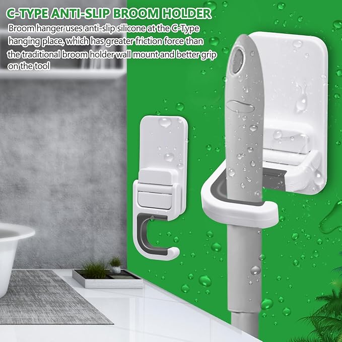 6 pack Broom Holder Wall Mount Mop Holder Broom and Mop Gripper Self Adhesive Peel and Stick Anti-Slip Mop Handle Hanger Household Cleaning Organizer, Holds up to 6 lb