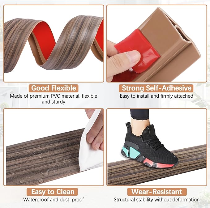 Vinyl Door Threshold Flooring Transition Strip Self Adhesive Carpet Edging Strip for Laminate Doorway Edge Threshold from 1/5" to 2/5" (Grayish Brown Wood Grain, 6.6 Ft)