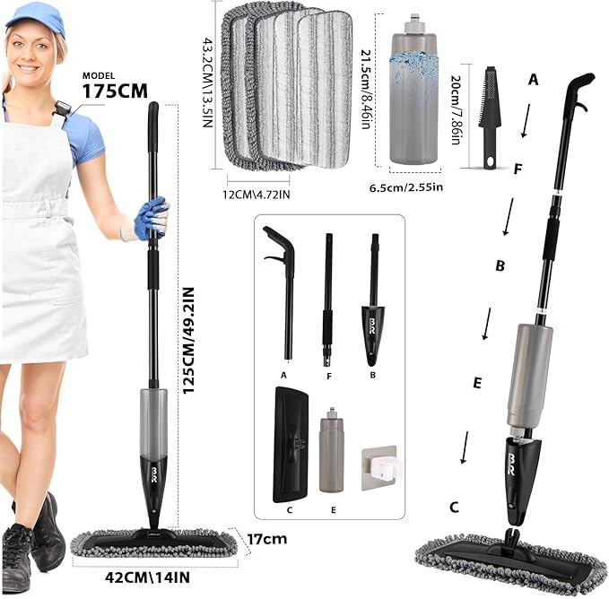 Microfiber Spray Mop for Floors Dry and Wet Mop with Dusting 360 Rotation for Kitchen, Hardwood, Laminate, Tile Floors Includes 3 Refill Heads, Scraper, Holder & Spray Bottle