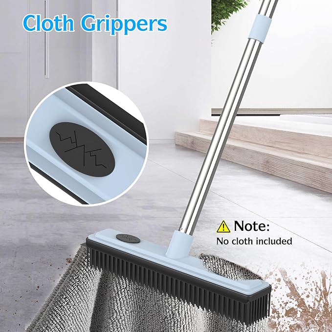 Rubber Broom Carpet Rake for Pet Hair Removal, Fur Remover Broom with 59" Adjustable Handle, Portable Detailing Lint Remover Brush, Soft Push Broom with Squeegee for Carpet, Hardwood Floor, Tile