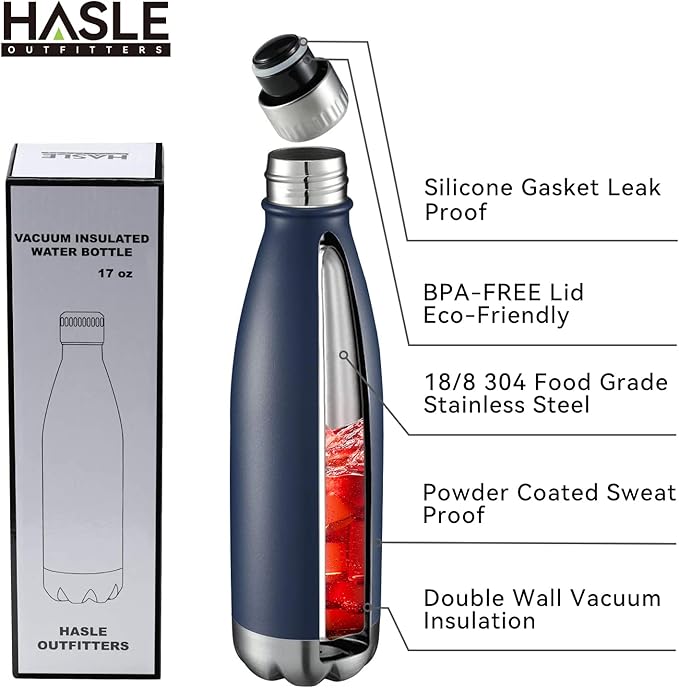 HASLE OUTFITTERS 17oz Stainless Steel Water Bottles Bulk, Vacuum Insulated Water Bottles Double Walled Powder Coated Reusable Metal Sports Water Bottles Keep Drinks Hot and Cold, Navy, 4Packs