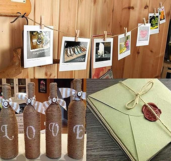 DurReus 50PCS 1.4inch Small Natural Wooden Clothespins for Pictures with Jute Twine Paper Peg Clips Photo Holders Hanging Crafts Home Wall Decor