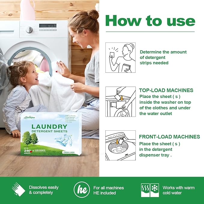 Laundry Detergent Sheet, Eco-Friendly & Hypoallergenic Wash Strips, Natural Ingredients, Ultra-Concentrated, Travel-Ready, No Plastic Jug- Fresh Scent, (240 Loads) 120 Sheets