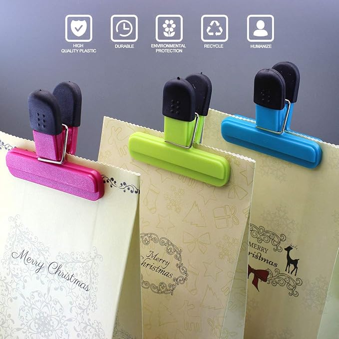 Large Chip Clips Food Clips Bag Sealing Clips with Good Grips Plastic Heavy Duty Air Tight Seal Grip Assorted Colors for Coffee Potato and Food Bags (6 Pcs)