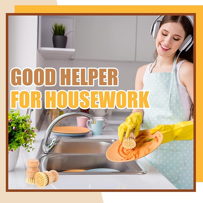Nuenen 50 Packs Bamboo Dish Scrub Brushes Wooden Scrubbers Set Kitchen Dishwashing Scrubber with Natural Sisal Bristles for Iron Pot Pan Sink