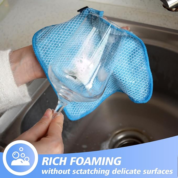 KinHwa Kitchen Washcloths for Dishes Absorbent Microfiber Dish Cloths Quick Dry Dish Rags with Poly Scour Scrub Side Ideal for Kitchen Cleaning (Blue, 7inchx7inch 9 Pack)