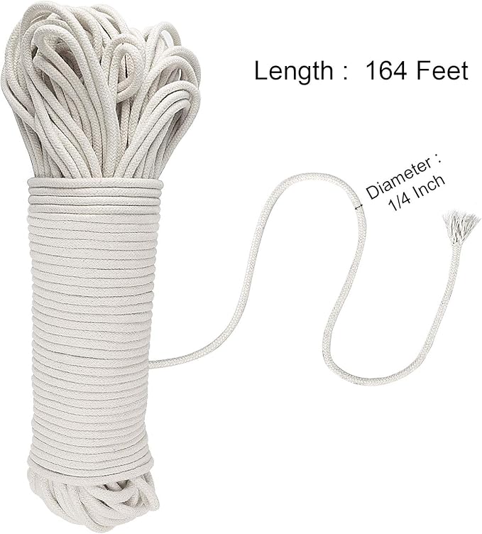 164 Feet 1/4 Inch White Natural Cotton Rope, Cotton Clothesline Rope, All-Purpose Craft Rope for Clothes Hanger, Garden Flower Potted Plants, Laundry Line Dryer, 1 Solid Rope