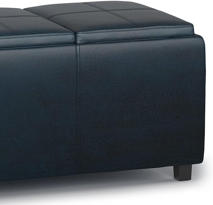SIMPLIHOME Avalon 42 inch Wide Contemporary Rectangle Storage Ottoman in Distressed Dark Blue Vegan Faux Leather, Assembled, for the Living Room, Entryway and Family Room