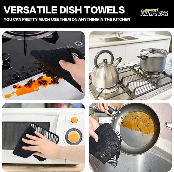 KinHwa Kitchen Washcloths for Dishes Absorbent Microfiber Dish Cloths Quick Dry Dish Rags with Poly Scour Scrub Side Ideal for Kitchen Cleaning (Black, 12inchx12inch 9 Pack)