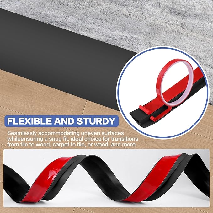 Floor Transition Strip Vinyl Door Threshold Ramp Self Adhesive Carpet Edging Strip Doorway Edge Trim, Overlap Edge Reducer for Laminate Carpet, Floor, Tile (Black, 1/5" to 2/5", 10Ft)