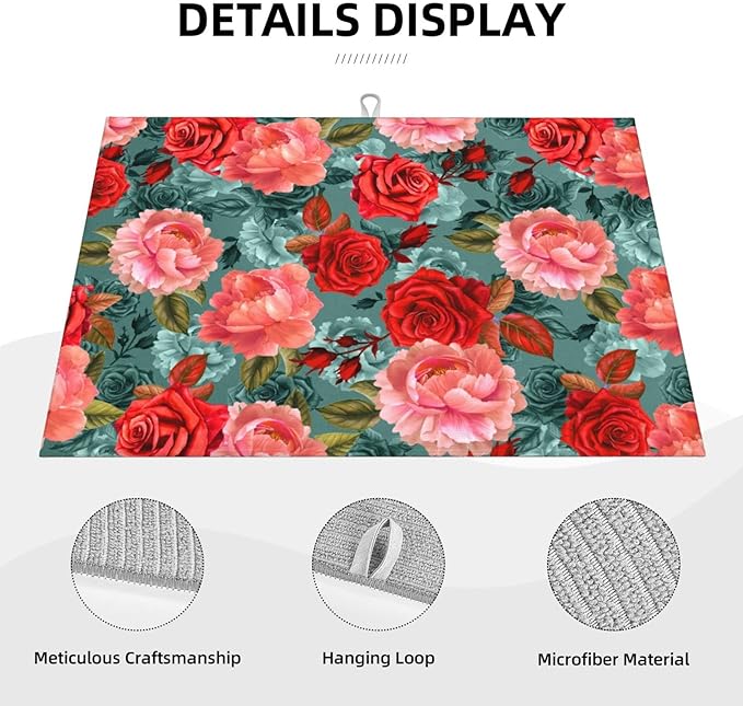 Floral Boho flowers Dish Drying Mat For Kitchen Counter 18 X 24 Inch Absorbent Dish Mat Reversible Drainer Drying Kitchen Mat