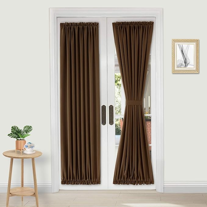 DWCN French Door Curtains – Rod Pocket Thermal Blackout Curtain for Doors with Glass Window, Kitchen and Patio Doors for Privacy, 25 X 72 Inches Long, 1 Curtain Panel with Tieback, Brown