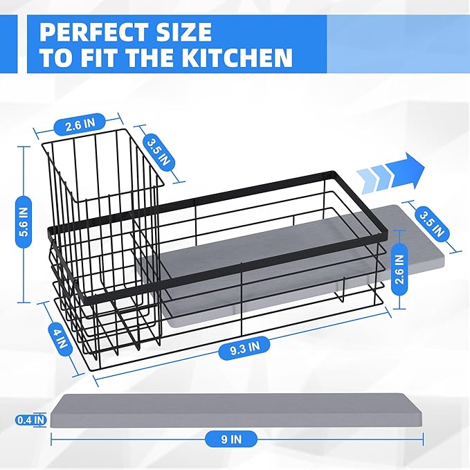 Sponge Holder for Kitchen Sink with Instant Drying Stone, Sponge Caddy, Stainless Steel Sink Caddy Organizer with Brush Holder, Dish Soap Dispenser, Kitchen Sink Accessories & Storage Rack