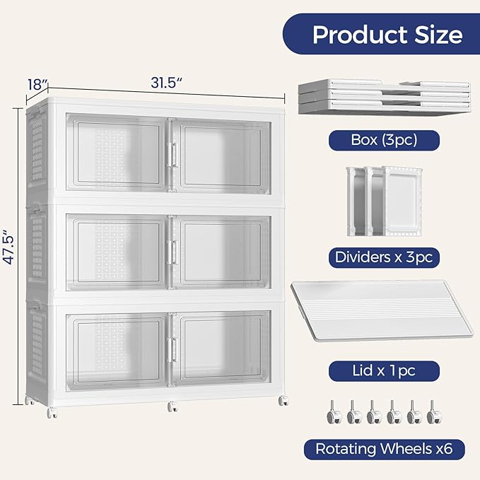 150GAL Storage Bins with Lid and Wheels, Stackable Closet Organizers and Storage Drawer, Collapsible Storage Box with Dividers, Foldable Plastic Cabinets Cubes Totes for Garage, 3 Pack White