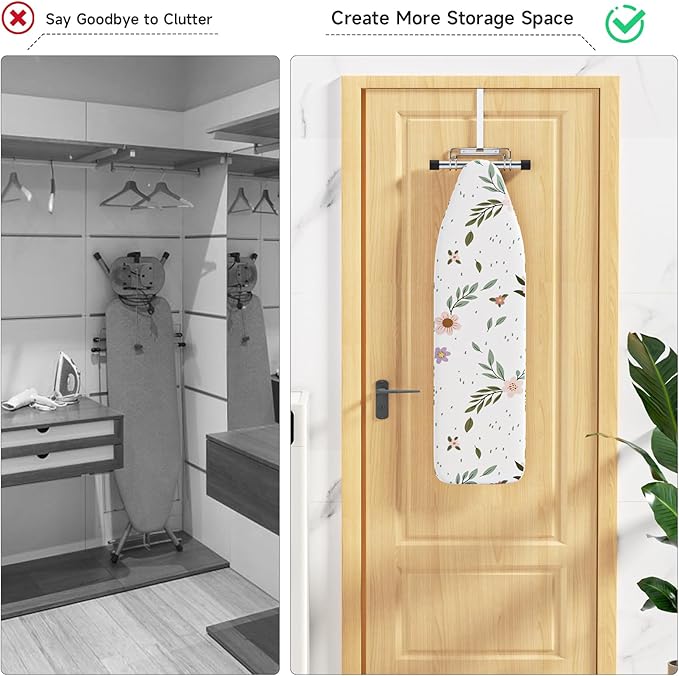 Over The Door & Wall Mount Ironing Board Hanger with Removable Hook, Metal Ironing Board Holder Organizer Wall Rack for Y & T Shaped (Silver)
