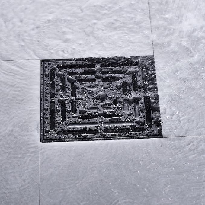 RANDOM 4 Inch Black Shower Drain Square with Adjustable PVC Base Flange,SUS304 Stainless Steel Matte Black Shower Floor Drain with Removable Cover Grid Grate