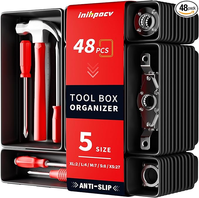 【48PCS & 5 Sizes】Tool Box Organizer Tray, Toolbox Drawer Organizer with Non-Slip Pads, Desk Drawer Divider Set, Fits Rolling Tool Chest Cabinet for Garage & Workbench