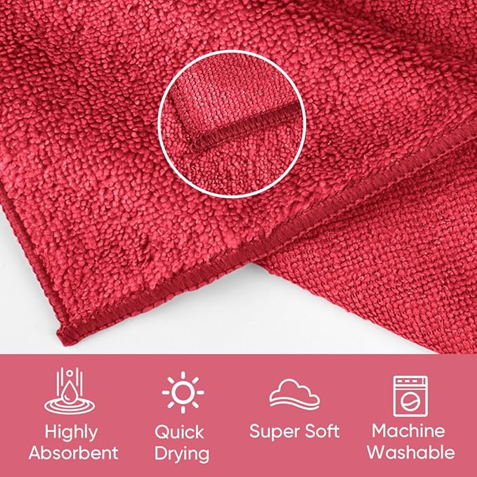 HOMEXCEL Red Microfiber Washcloths 12 Pack, Highly Absorbent and Soft Face Towel, Multi-Purpose Wash Cloths for Bathroom, Gym, Hotel, Spa and Kitchen,12x12 Inch