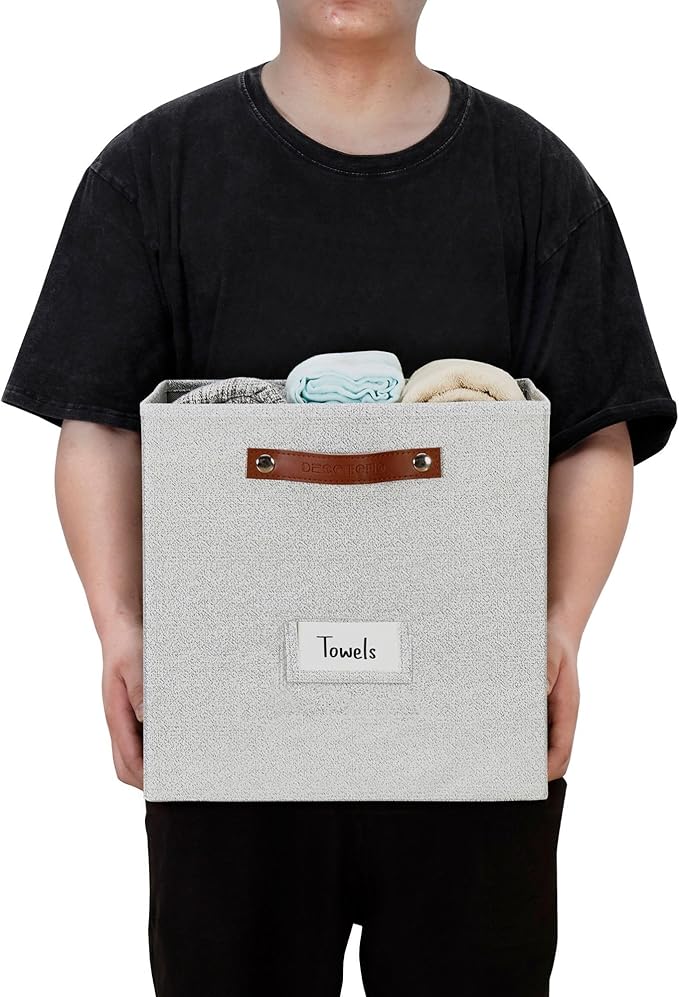 DECOMOMO Storage Cubes, 13x13x13 Storage Cube Bins with Labels, Fabric Organizer Bins (13" / 6pcs, Light Texture Grey)