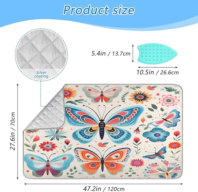 Decorative Butterfly Floral Ironing Mat Thickened Ironing Blanket Travel Portable Double-Side Using Ironing Pad Travel Isolate Heat Pad Cover for Washer Dryer Table Top Countertop 27.6x47.2in