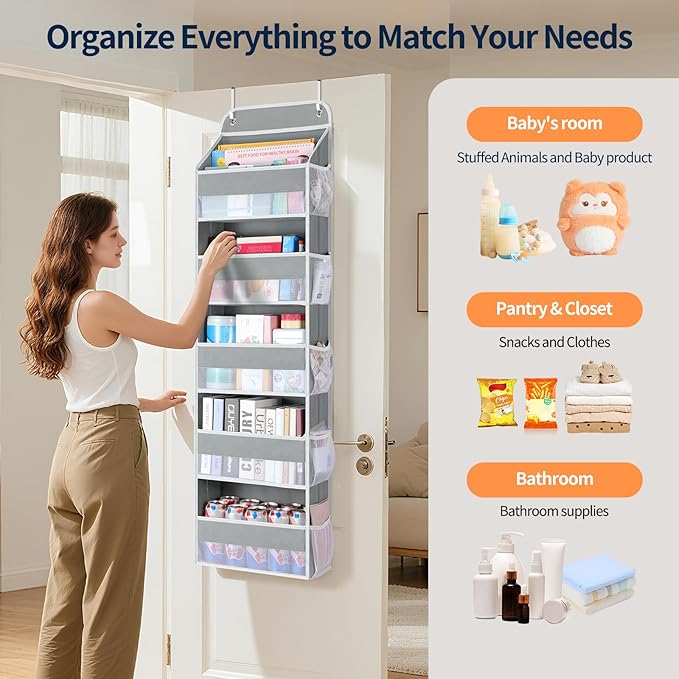 Yecaye Over The Door Organizer Storage, 5-Tier Heavy Duty Door Organizers Hanging with 10 Side Mesh Pockets, 44 lbs Load Capacity Behind Door Storage for Bathroom Nursery Bedroom Dorm Closet, Grey