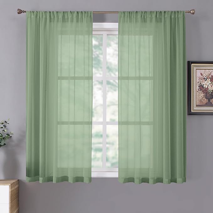 Tollpiz Short Sheer Curtains Linen Textured Bedroom Curtain Sheers Light Filtering Rod Pocket Voile Curtains for Living Room, 54 x 45 inches Long, Sage Green, Set of 2 Panels