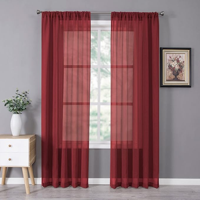 Tollpiz Sheer Curtains Bedroom Linen Textured Curtain Sheers Light Filtering Voile Rod Pocket Curtains for Living Room, 38 x 84 inches Long, Burgundy Red, Set of 2 Panels