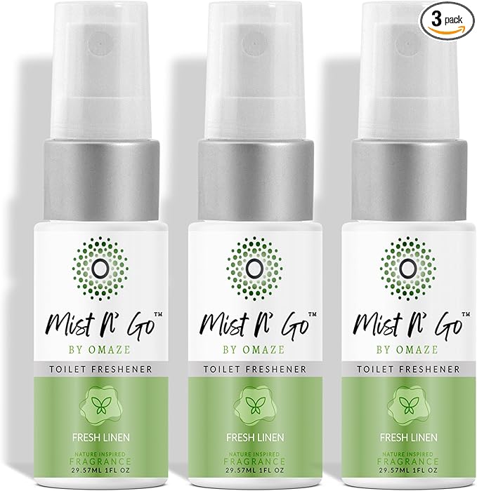 Mist N' Go by Omaze Travel Bathroom Spray - Toilet Odor Eliminator & Air Freshener - Fresh Linen (1oz x3)