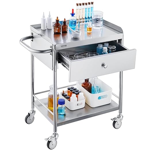 VEVOR Medical Cart, 2-Layer Stainless Steel Cart 220 lbs Weight Capacity, Lab Utility Cart with 360° Silent Wheels and a Drawer for Lab, Clinic, Kitchen, Salon, 141002