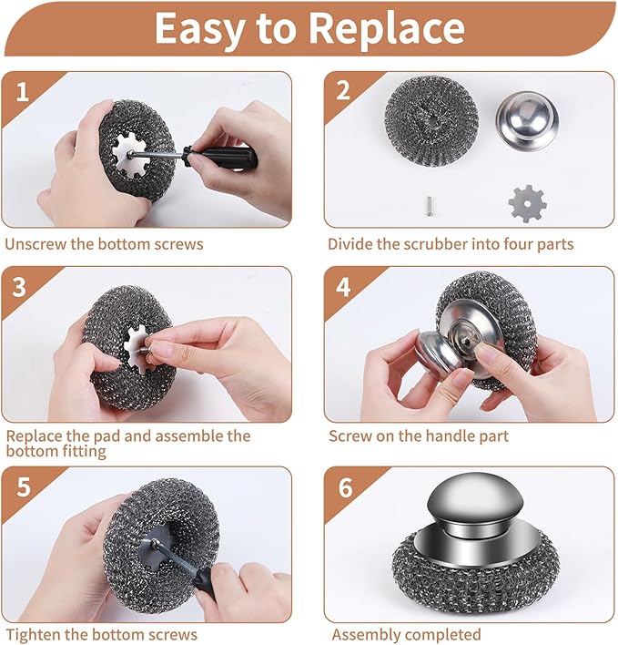 6PCS Steel Wool Scrubber Wire Sponge Set, Barbecue Grill Cleaning Scrubber Pads, Stainless Steel Scrubber Replacement for Scouring Messes from Cast Iron, Pots, Pans, Grill, Stoves, Sink (6 Pads)