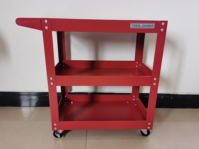 Utility Service Cart, 3 Shelf 150LBS Heavy Duty Steel Rolling Utility Cart, Medium Lipped Shelf, 360° Swivel Wheels, Ergonomic Storage Handle for Warehouse Garage, Red