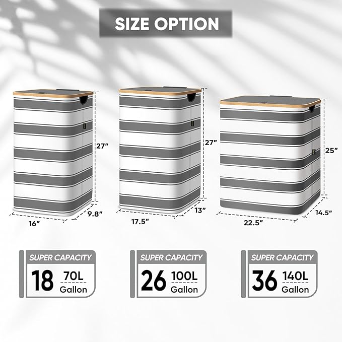 BALEINE Laundry Hamper with Lid, Tall Laundry Baskets with Bamboo Pull Handles, Large Laundry Bin with Internal Support (18 Gal/70L, Grey Stripe)