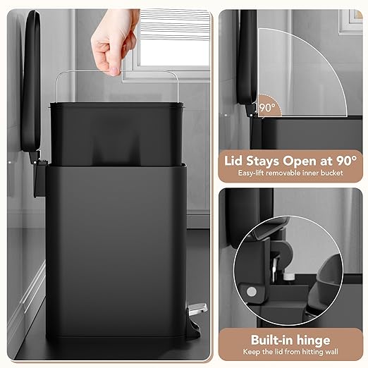 Small Trash Can with Lid Soft-Close, 6 L/1.6 Gal Bathroom Garbage Can with Removable Inner Bucket, Step Pedal, Stainless Steel Wastebasket for Kitchen, Bathroom, Bedroom, Office, Matt Black