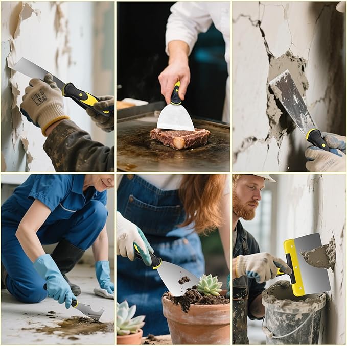 Spackle Knife Set, 5 PCS Stainless Steel Putty Knife Set Include 4 Paint Scrapers and 1 Multi Scraper Tool, Paint Scraper Tool for Drywall Decals (1.5" 3" 4" 6" 10")