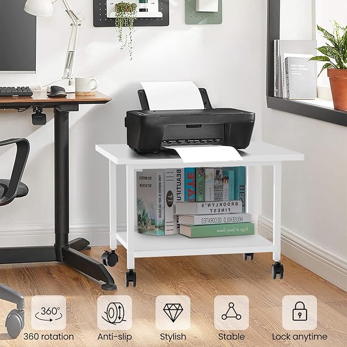 Printer Stand with Storage Under Desk Shelf, Desktop Printer Stand Organizer, Rolling Printer Cart Storage Paper Files Holder for Desk, Office, Home, (White)