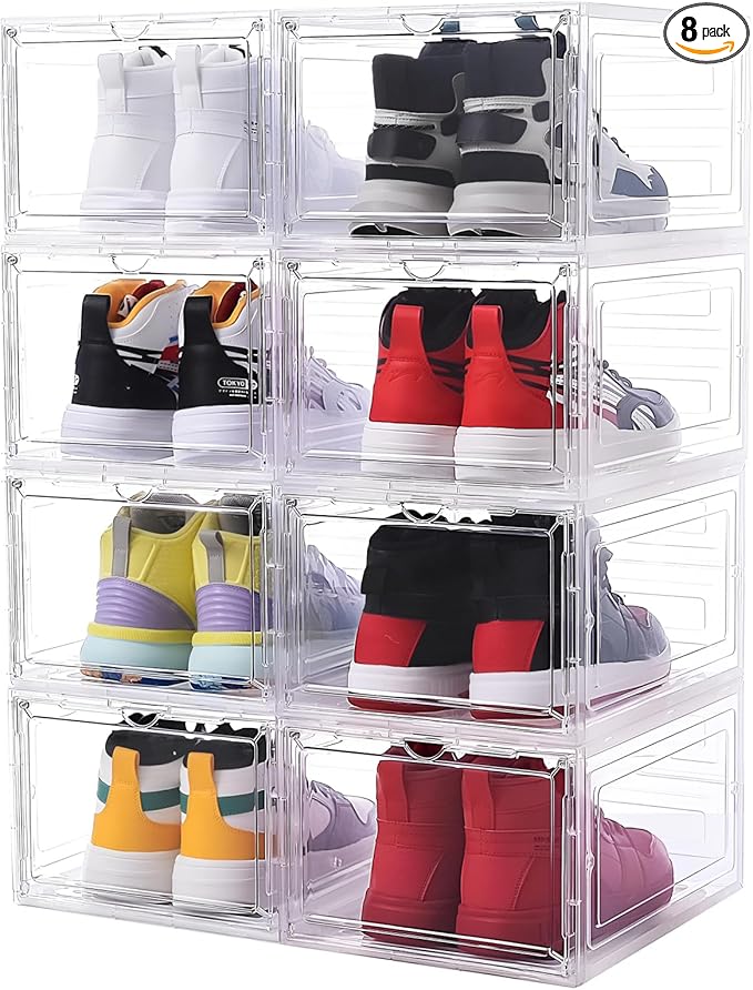 8 Pack Shoe Boxes Clear Plastic Stackable, Drop Front Shoe Storage Organizer for Closet, Sneaker Storage with Magnetic Door, Shoe Display Containers Fit US Size 12 (13.4”x 10.6”x 7.5”) Clear