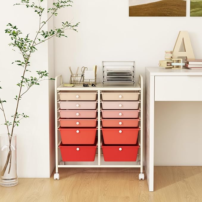GOFLAME 12-Drawer Rolling Storage Cart, Multipurpose Organizer Cart with 2 Sizes Plastic Drawers, Mobile Utility Cart with Lockable Casters for School, Home Office, Beauty Salon, Gradient Pink