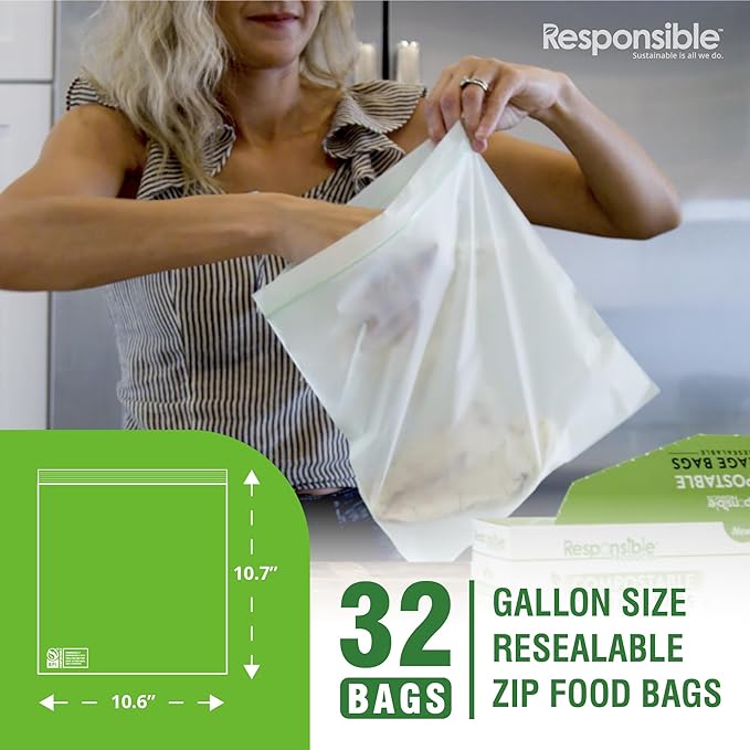 Responsible Products Certified Compostable Large GALLON Resealable Zip Bag, Extra Strength Food Bags, Made from Plant Materials (32 Pack)