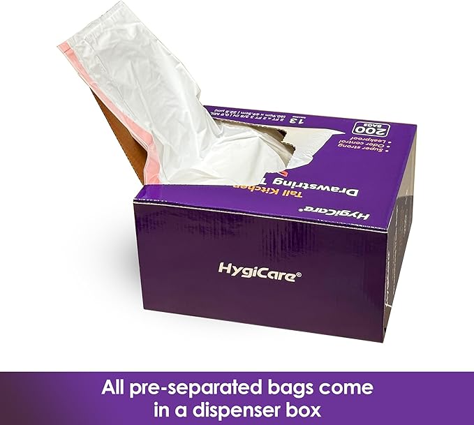 13 Gallon Tall Kichen Trash Bags, Lavender Scented 200 Count Drawstring Garbage Bags, Pre-Separated, Odor Control, Ultra Strong, Leakproof, Sturdy, White