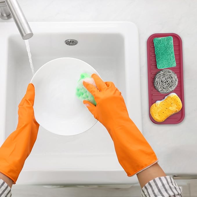 Zulay Kitchen (9x3.5) Silicone Sponge Holder for Kitchen Sink - Flexible Multipurpose Soap Tray - Sink Organizer for Kitchen, Bathroom, Makeup, Trinkets & More (Wine Red)