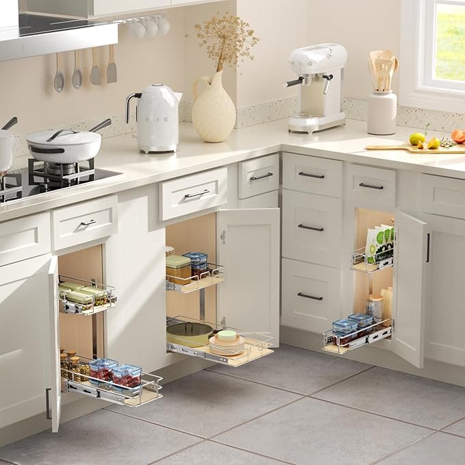 ROOMTEC 2 Tier Individual Pull Out Cabinet Organizer 7½"W x 21½"D, Slide Out Wood Shelves Organizers, Pull Out Drawers Organization and Storage for Kitchen Cabinet