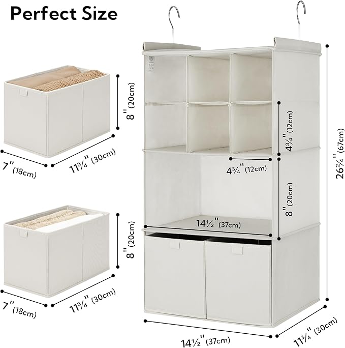 GRANNY SAYS Hanging Closet Organizer with Drawers, 4 Shelf Dividers Closet Hanging Organizer, Foldable Hanging Shelves for Clothes Organizer, Small Closet Organizers and Storage, Beige