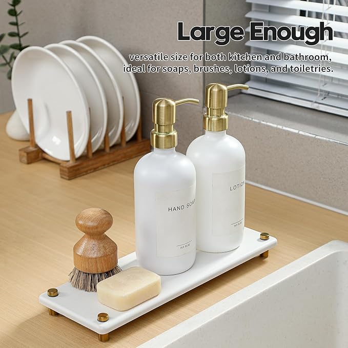 Water Absorbing Stone Sink Caddy Kitchen Sink Organizer Tray, Diatomite Bathroom Counter Tray, Gold Faucet Drying Mat Coaster Soap Dish Rack Riser Dispenser Sponge Holder, White 12.5" x 4.5"
