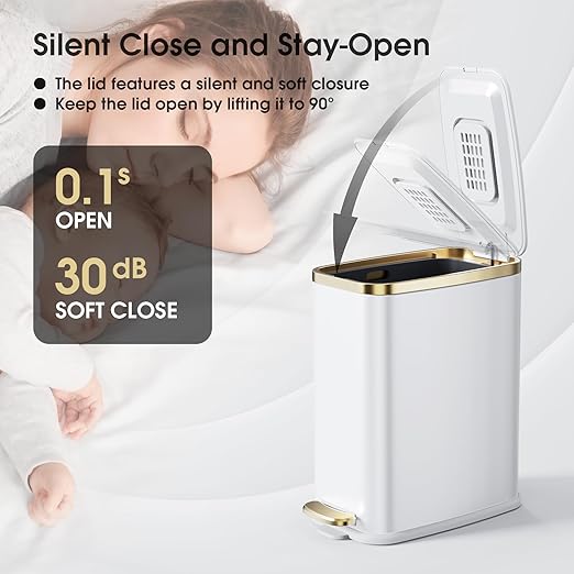 CEROELDA Small Bathroom Trash Can with Lid Soft Close-5L/1.3 Gal Slim Garbage Can-Metal Step Wastebasket-Rectangle Narrow Waste Bin for Office, Bedroom, Toilet, Live Room (White)